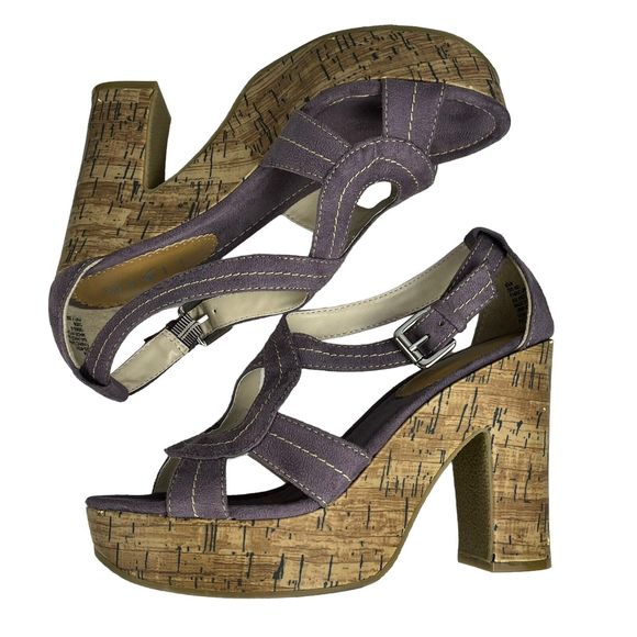 MixIt Strappy High Heel Shoes 6.5 Open Toe Cork 4” Heels Purple Suede 022-8051 - Picture 4 of 16